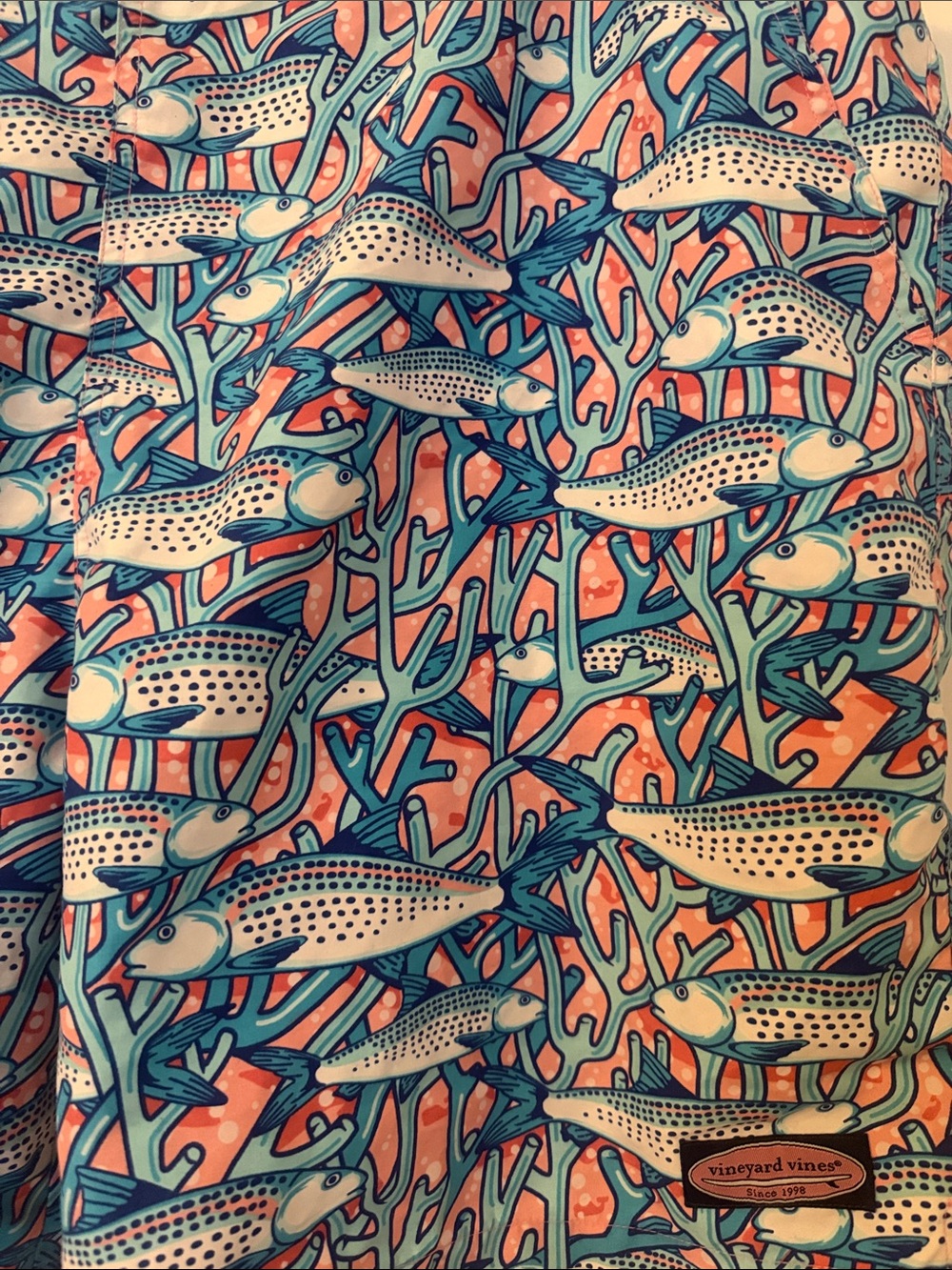 Vineyard Vines Blue and Coral Fiah Swim Trunks